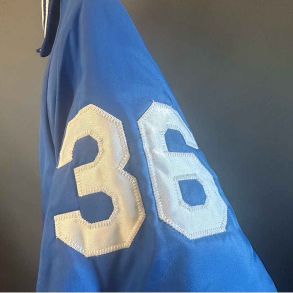 Vintage 90s Wyoming 36 Holloway Blue and White Varsity Bomber Jacket Men's - Picture 5 of 14